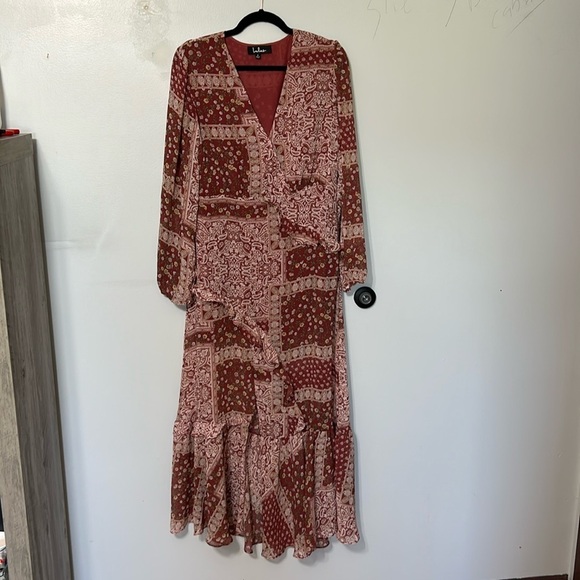 Lulus Field of Flowers Rust Red Multi Print Long Sleeve Maxi Dress Size Small - Picture 3 of 8